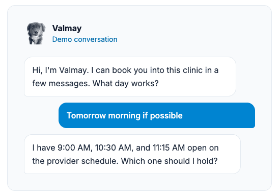 Valmay live AI front desk on a clinic site
